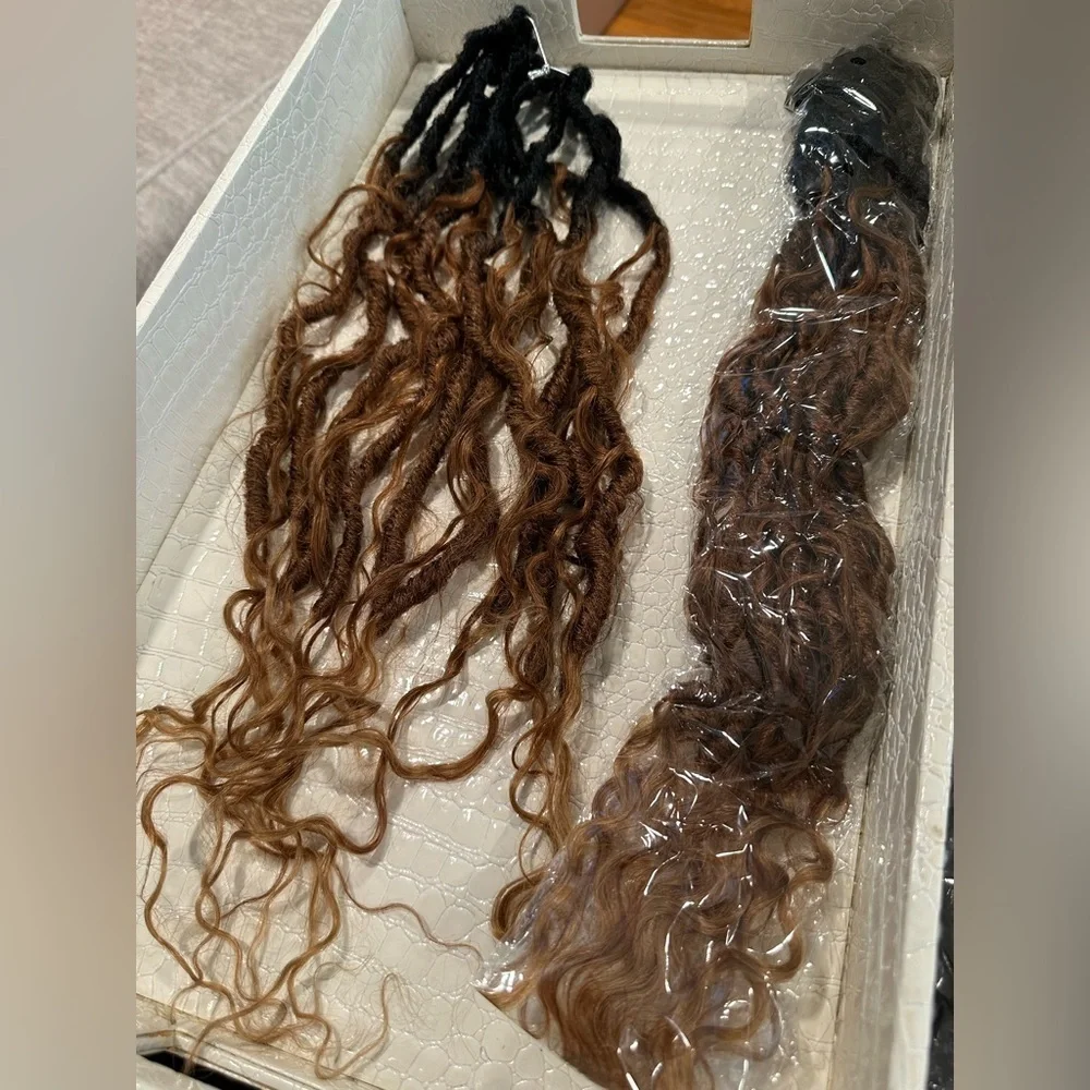 24” Ombre Brown Boho Synthetic Locs with Human Hair Curls 8 Pks‎ Pre-Looped #QC2